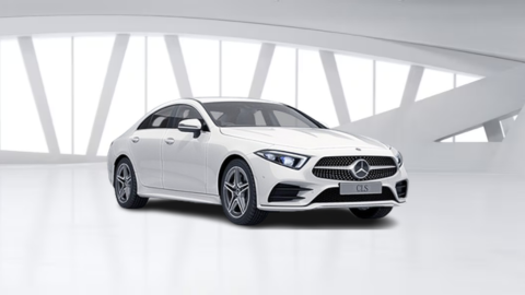 White Mercedes-Benz AMG CLS car in white warehouse background