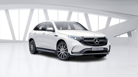 White Mercedes-Benz AMG EQC car in white warehouse background