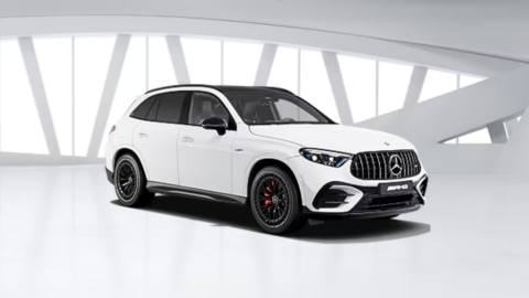 White Mercedes-Benz AMG GLC car in white warehouse background
