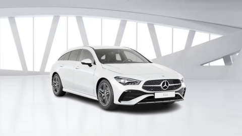 White Mercedes-Benz CLA car in white warehouse background