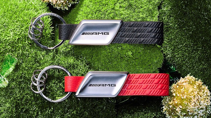 A black and red keyring on a bed of moss.