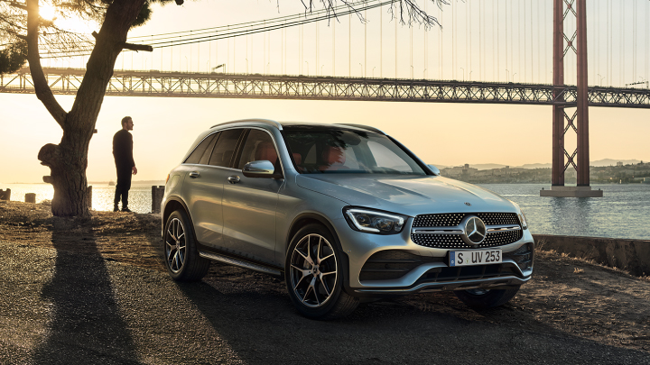 Silver Mercedes-Benz GLC SUV.