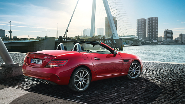 Red Mercedes-Benz SLC parked.