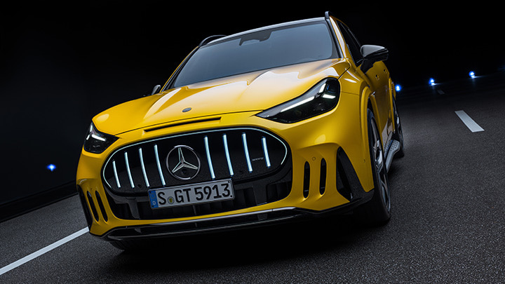Yellow Mercedes AMG GT SUV front grill close up