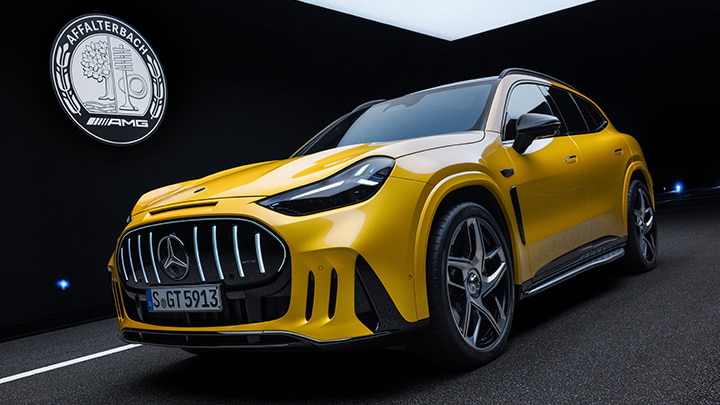 Yellow Mercedes AMG GT SUV front side