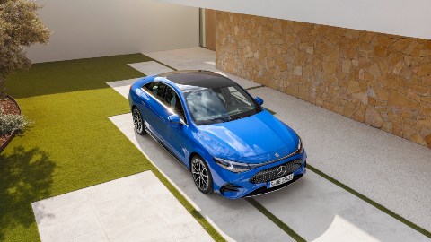 Blue Mercedes Benz CLA Electric static aerial