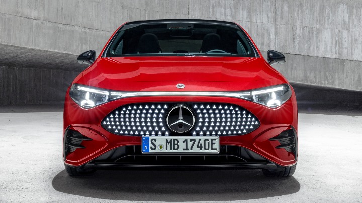 Red Mercedes Benz CLA Electric front end static