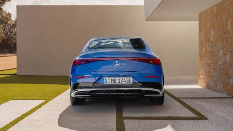 Blue Mercedes Benz CLA Electric static rear angle