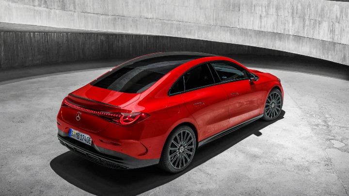 Red Mercedes Benz CLA Electric aerial rear static