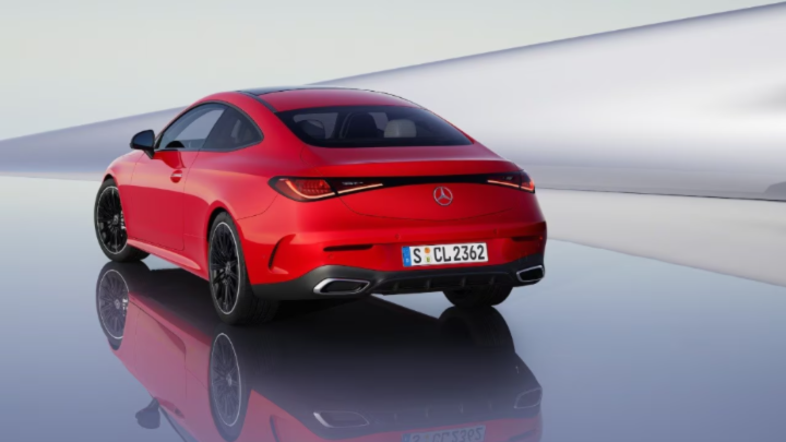 Red Mercedes CLE rear end of car