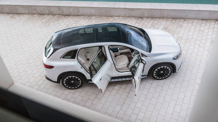 White EQS SUV from Mercedes-EQ Exterior Aerial Static