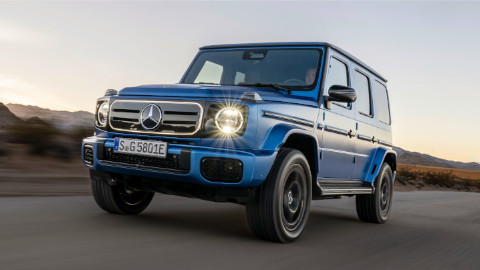 Blue Mercedes-Benz G 580 Driving Front