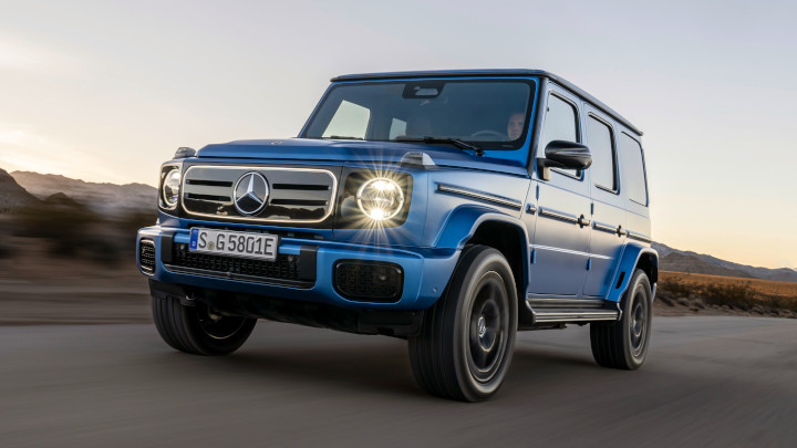 Blue Mercedes-Benz G 580 Driving Front