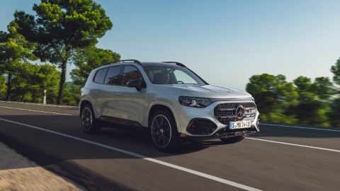 Silver Mercedes Benz GLB Electric driving front angle 