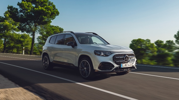 Silver Mercedes Benz GLB Electric front end driving