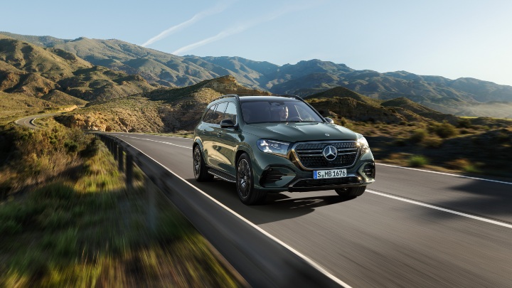 Mercedes Benz GLS driving front right mountain road