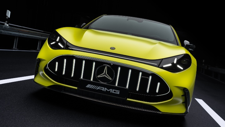 Green Mercedes-AMG GT 4 door coupe front close-up