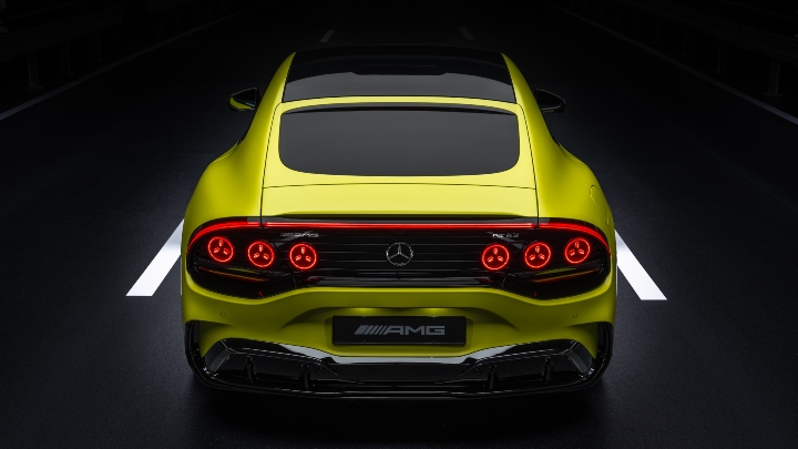 Green Mercedes-AMG GT 4 door coupe rear straight