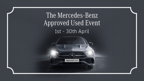 Grey Mercedes-Benz car with headlights on. Promotional text overlay.
