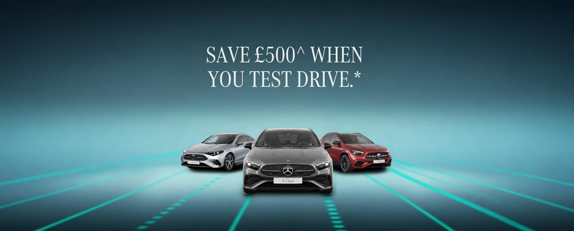 Three Mercedes-Benz cars positioned on blue futuristic background. White promotional text overlay.