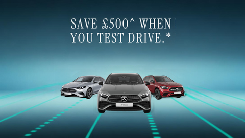 Three Mercedes-Benz cars positioned on blue futuristic background. White promotional text overlay.