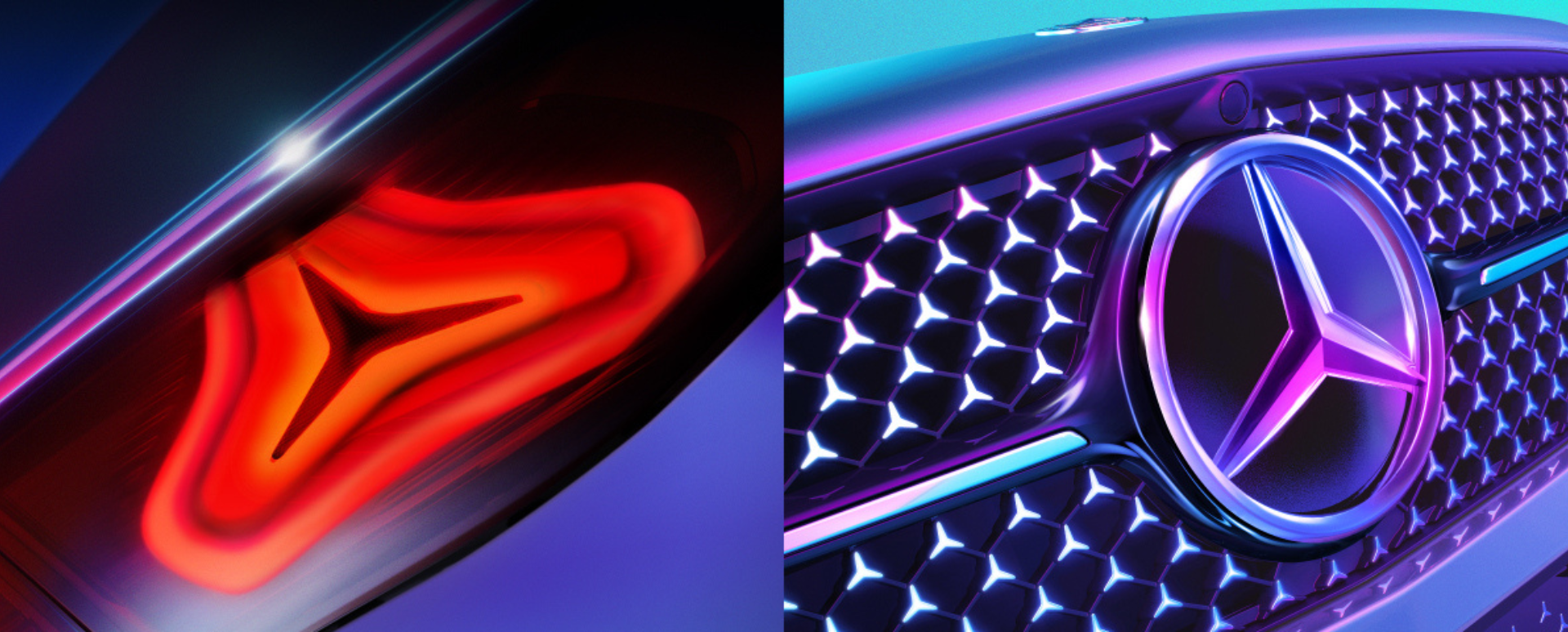 Split image of neon Mercedes-Benz tail light and grille emblem