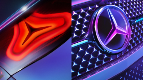 Split image of neon Mercedes-Benz tail light and grille emblem