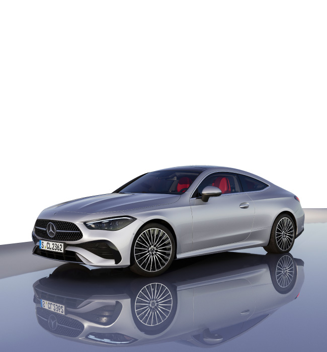 Silver Mercedes-Benz CLE parked in front of a white background