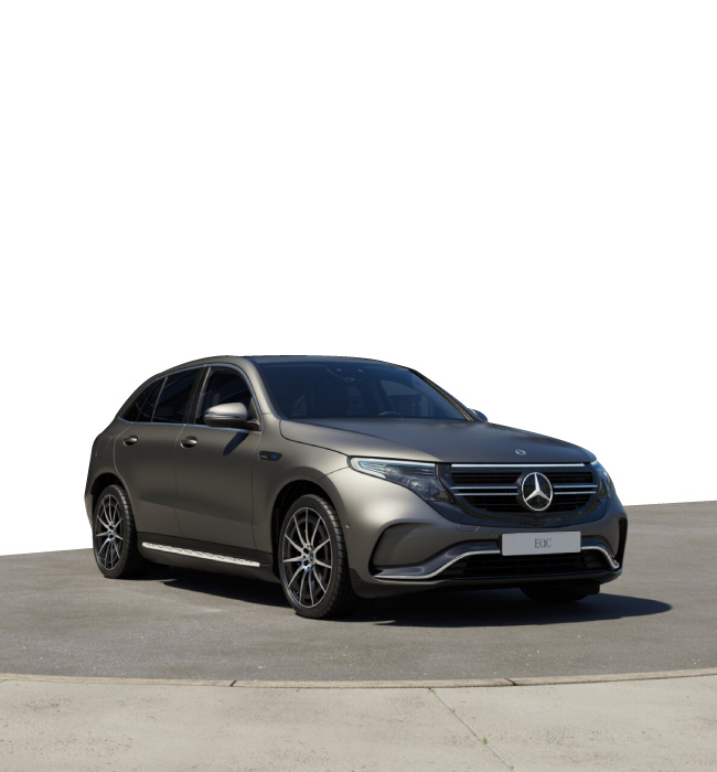 Grey Mercedes-Benz EQC parked in front of a white background