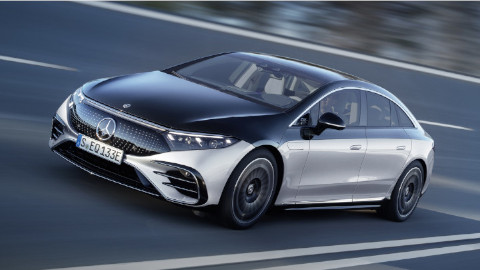 Silver and Black Mercedes-Benz EQS Driving Front