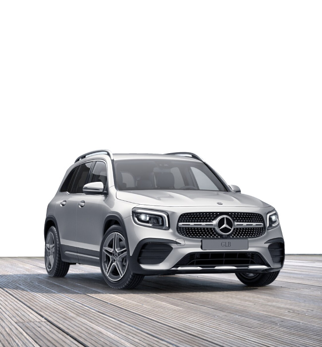 Silver Mercedes-Benz GLB parked on a grey ground and white background
