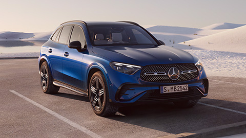 Blue Mercedes-Benz GLC parked in the desert
