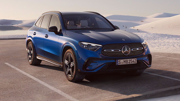 Blue Mercedes-Benz GLC parked in the desert