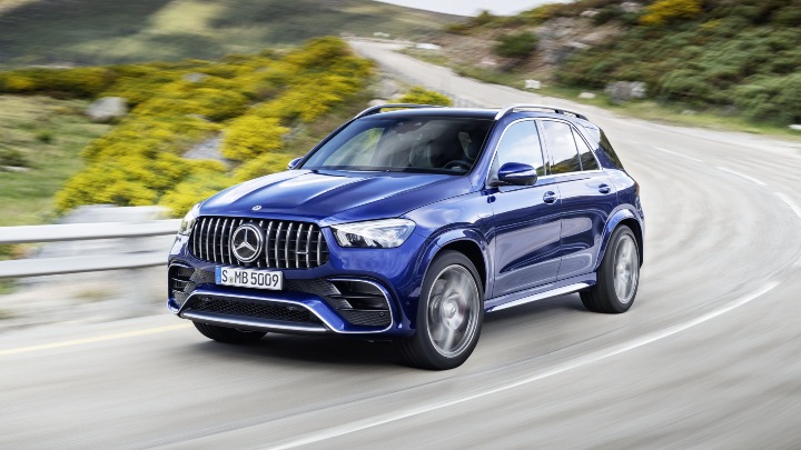 Blue Used Mercedes-Benz GLE SUV Exterior Front Driving in Countryside