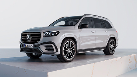 Grey Mercedes-Benz GLS Exterior Front Static in Studio