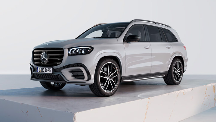 Grey Mercedes-Benz GLS Exterior Front Static in Studio