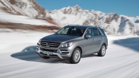 Silver Used Mercedes-Benz M-Class Driving in Snowy Mountain Range