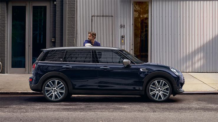 blue mini clubman parked