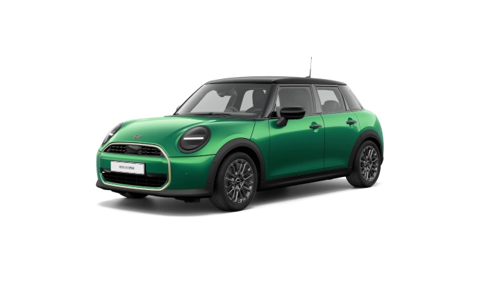 Green MINI Cooper 5-Door Exclusive Exterior Front in Studio