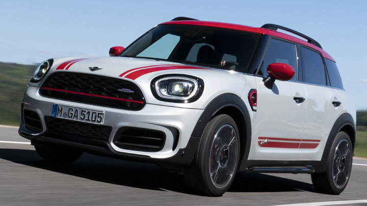 MINI Countryman John Cooper Works White With Red Stripes Front Driving