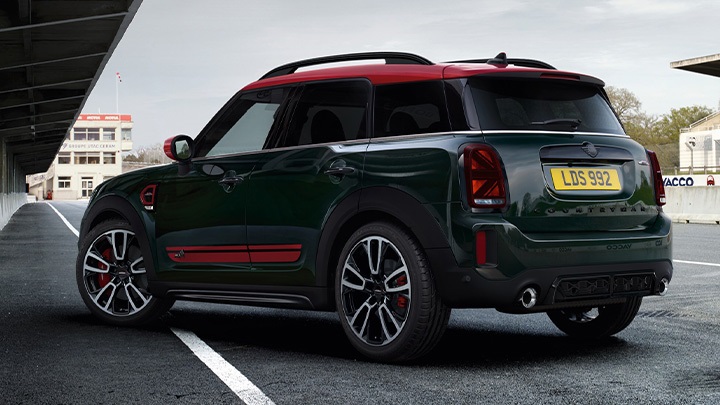 Green and Red MINI Countryman John Cooper Works, parked, rear