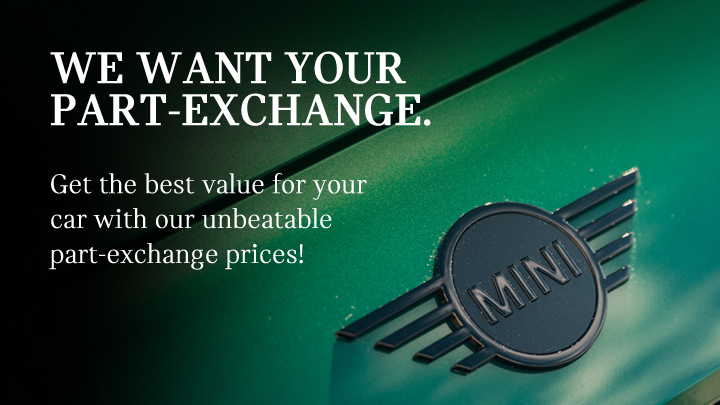 A dark image of a green MINI car logo with white promotional text overlay,