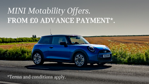 Blue MINI Driving On Road Next To A Field