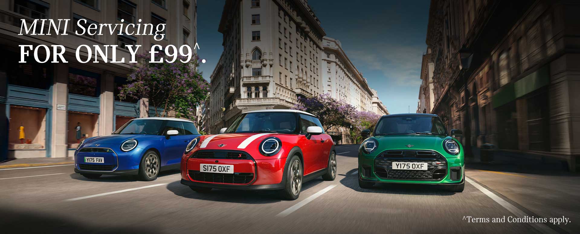 Blue, Red and Green MINI vehicles driving on city street. White promotional text overlay.