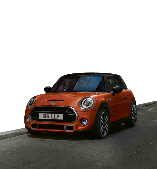 Orange MINI Hatch paralleled parked