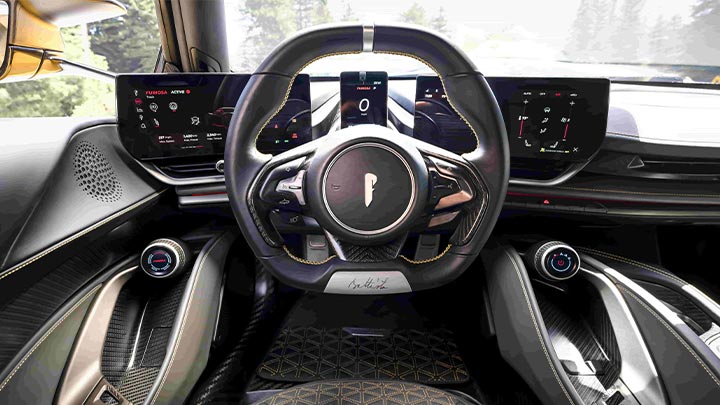 Close up of a Pininfarina Battista steering wheel and instrument cluster