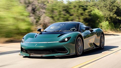 Close up of a green Pininfarina Battista from a front perspective