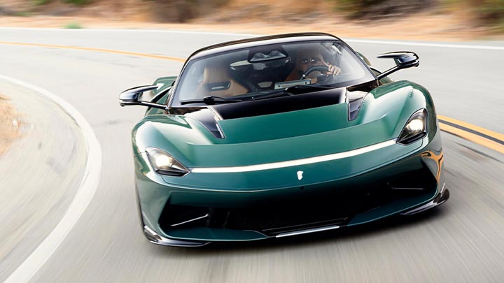 Close up of a green Pininfarina Battista from a front perspective