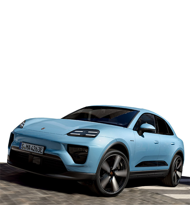 Blue Porsche Macan Electric driving with a white background