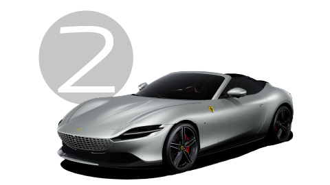 Silver Ferrari Roma Spyder Exterior Front in Studio with Step 2 Background